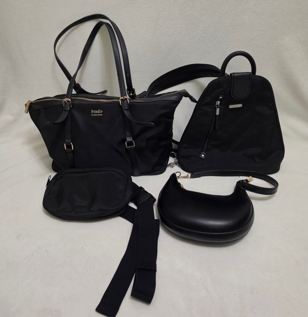 Lot of 4 Black Handbags - Baggallini Sling Backpack, PINK Belt Bag,